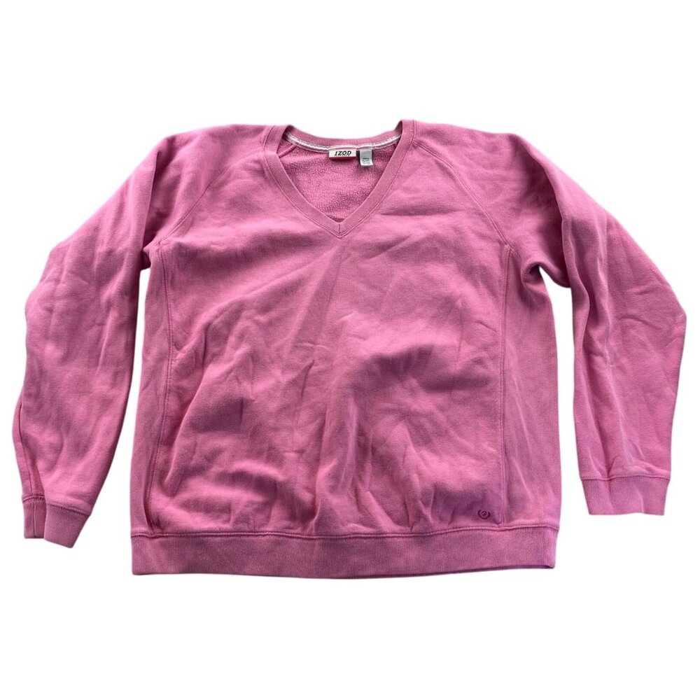 Izod Womens Sweatshirt Size XL V-Neck Pullover Cozy Casual Pink Fleece Classic
